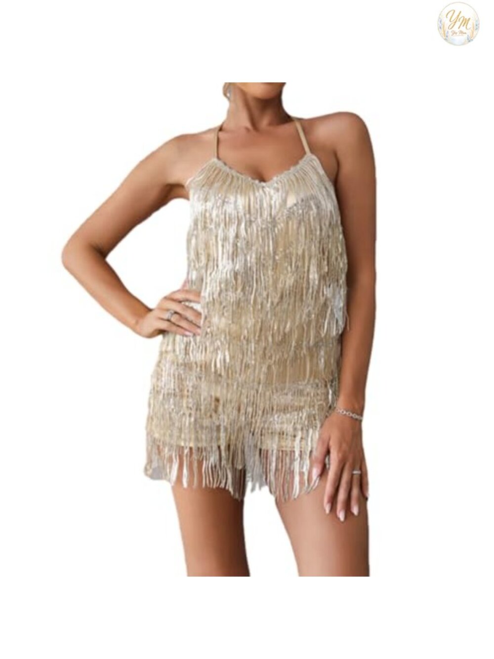 Sleeveless V Back Sequin Fringe Jumpsuit Short Romper Party Nightclub